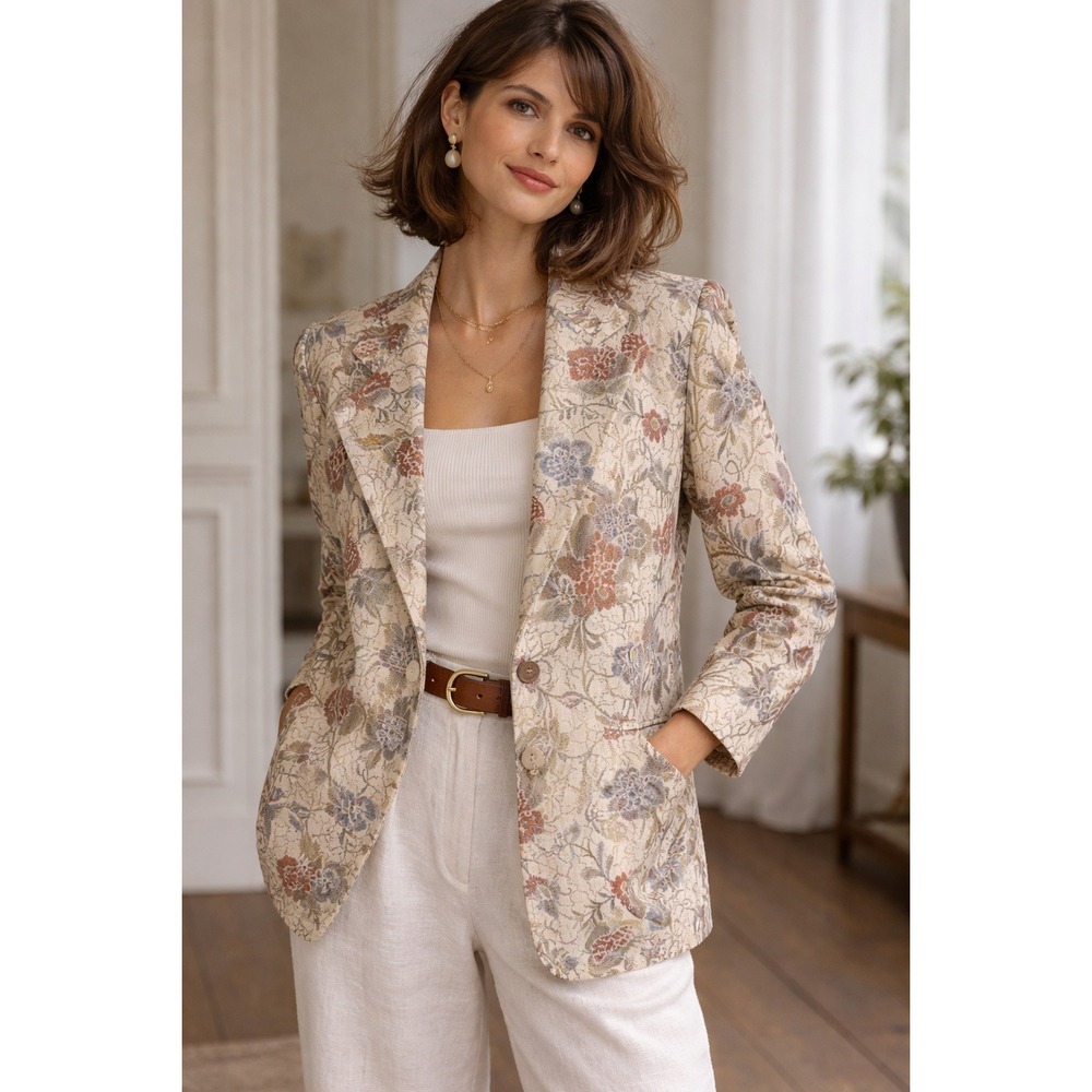 FASHATTA Ltd Floral Tapestry Blazer Jacket Women's Cream Multi Color Embroidered